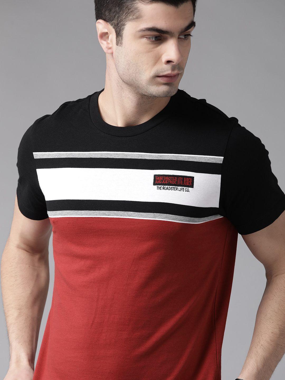 roadster men maroon & black striped round neck t-shirt