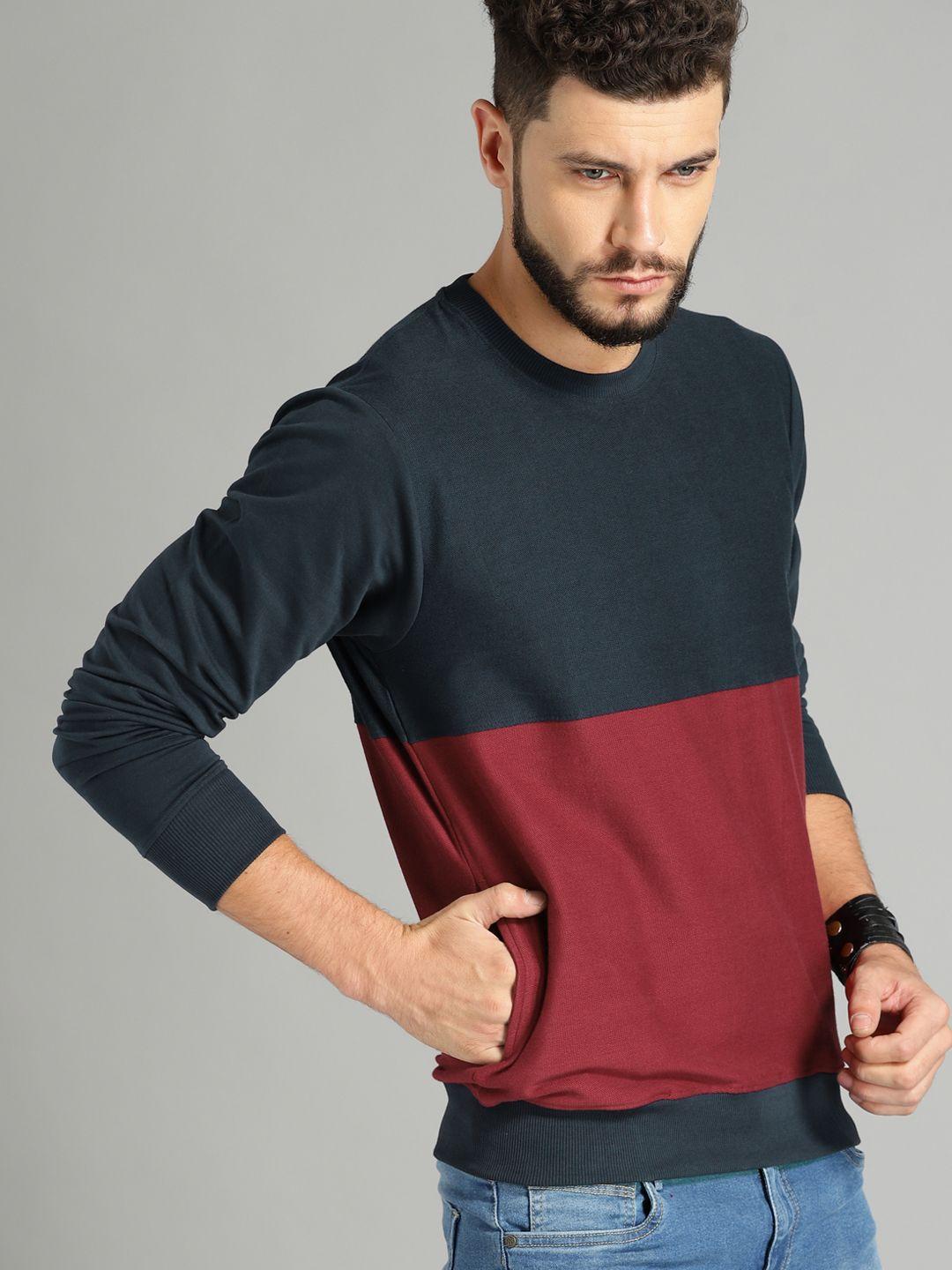 roadster men maroon & navy colourblocked sweatshirt