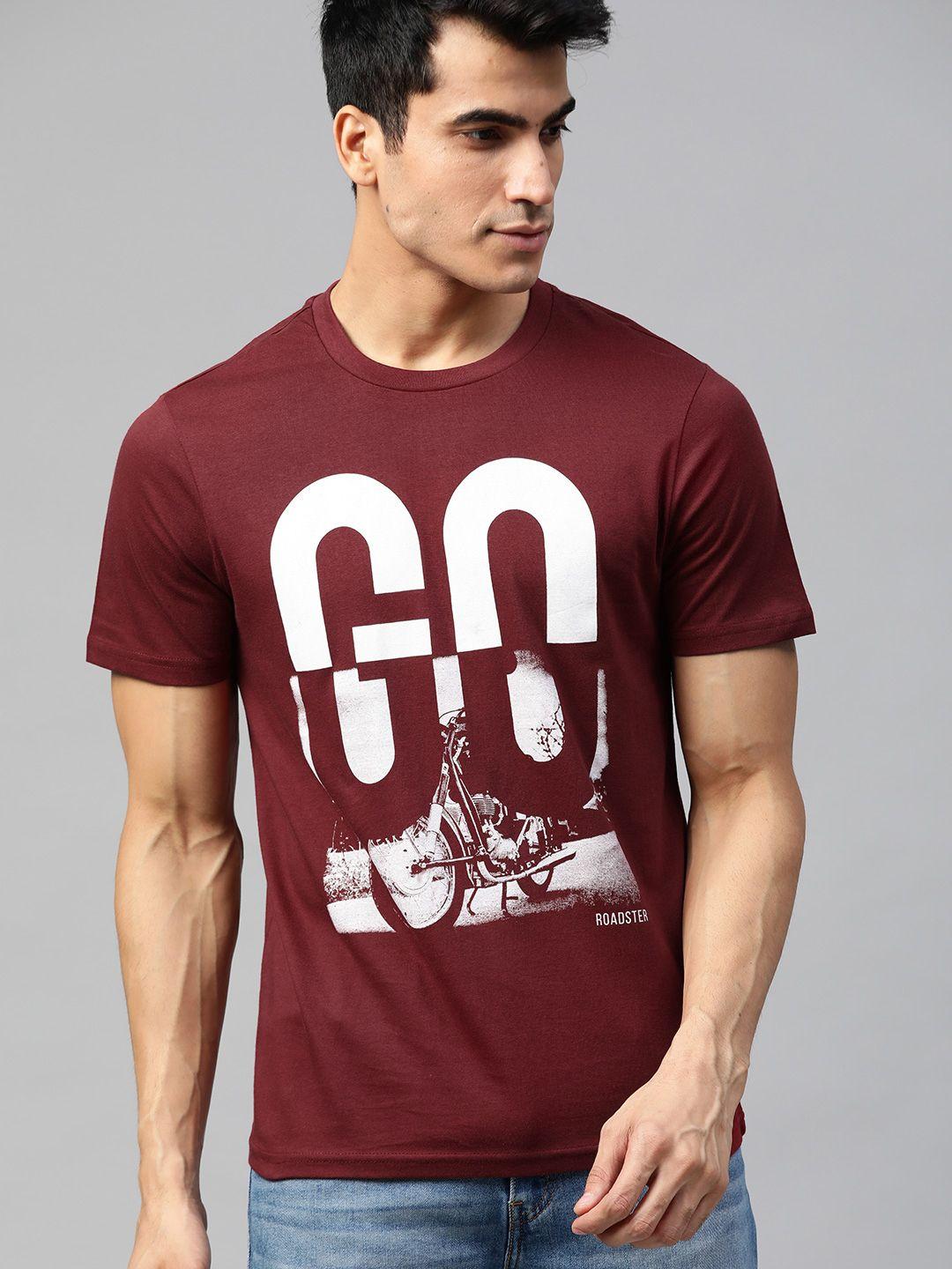 roadster men maroon & white printed round neck t-shirt