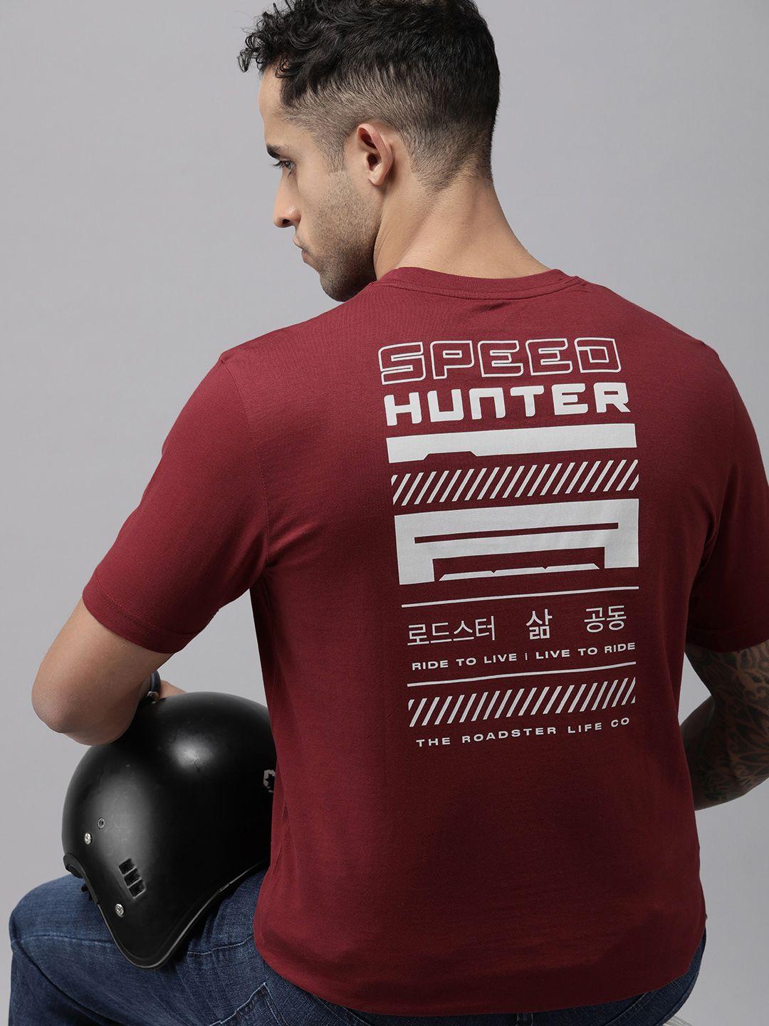 roadster men maroon & white typography printed pure cotton t-shirt