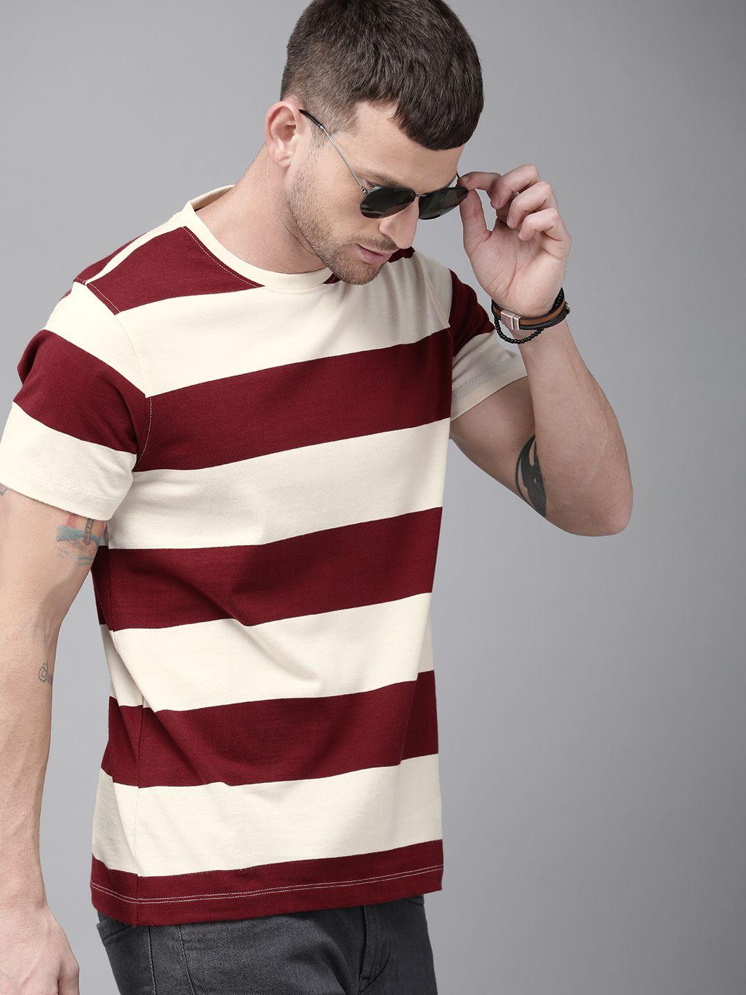 roadster men maroon  cream-coloured striped round neck pure cotton t-shirt