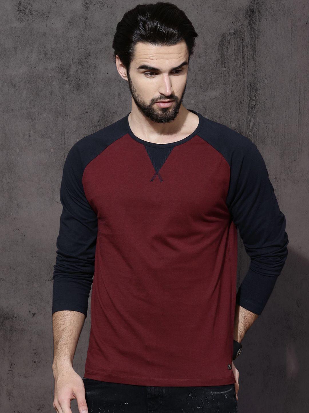 roadster men maroon  navy blue pure cotton t-shirt