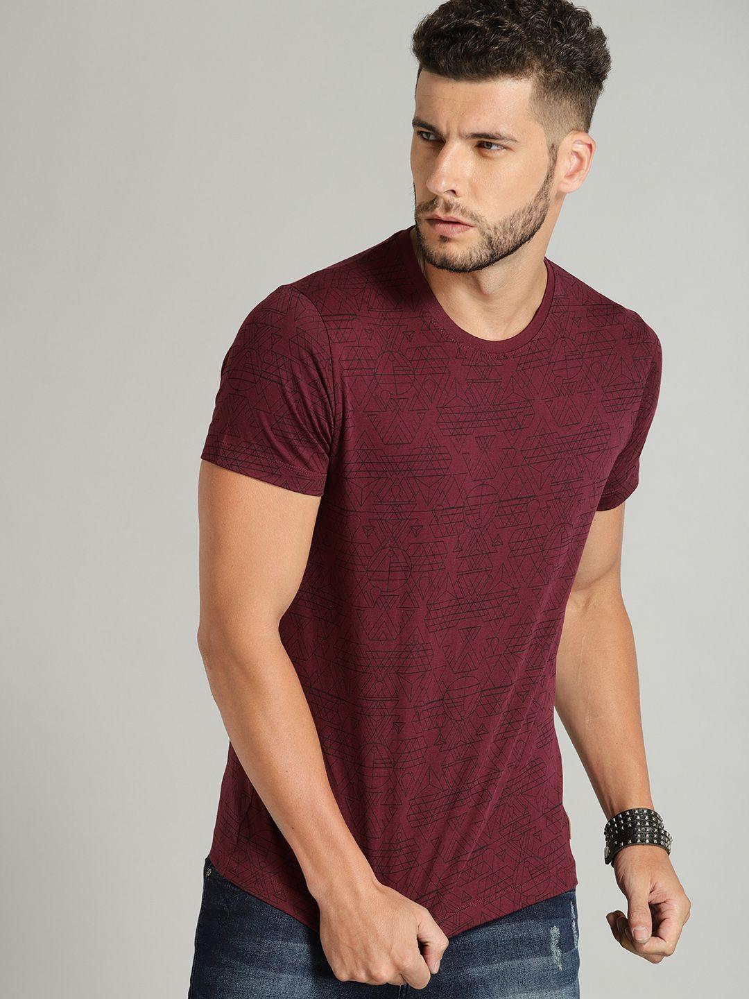 roadster men maroon all-over-printed cotton pure cotton t-shirt