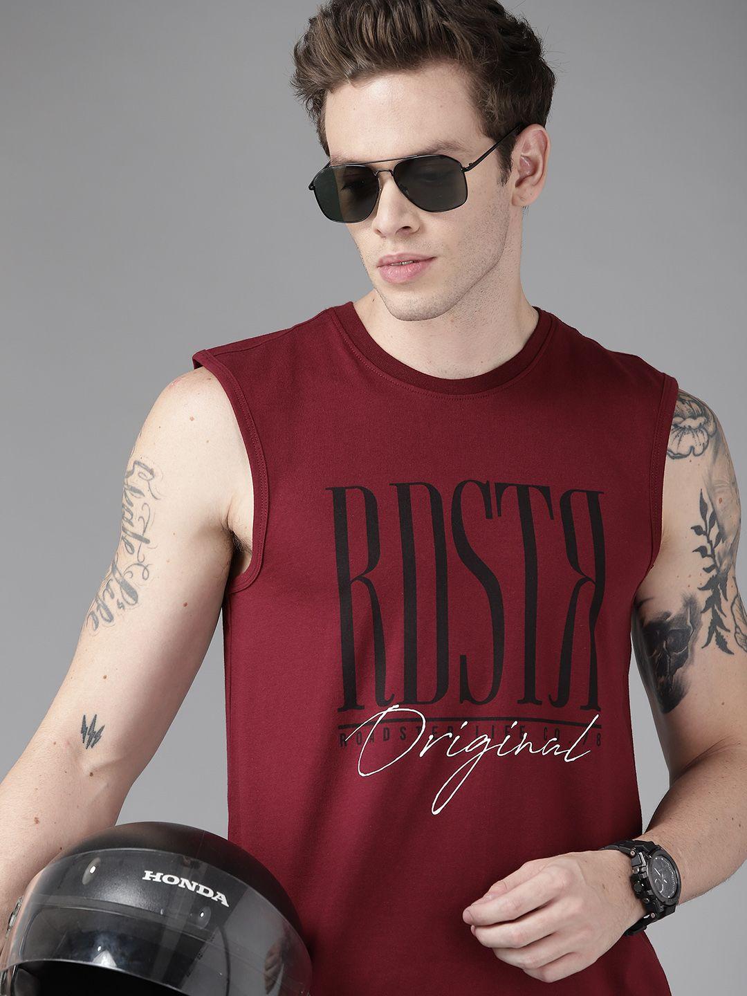 roadster men maroon brand logo pure cotton printed t-shirt