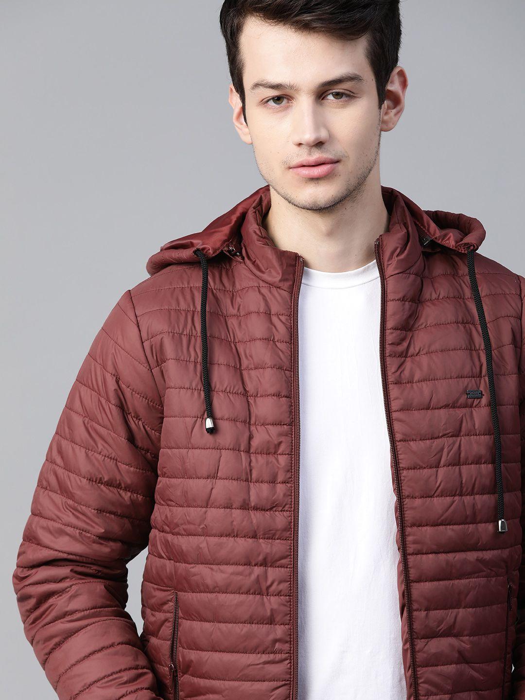 roadster men maroon padded hooded jacket