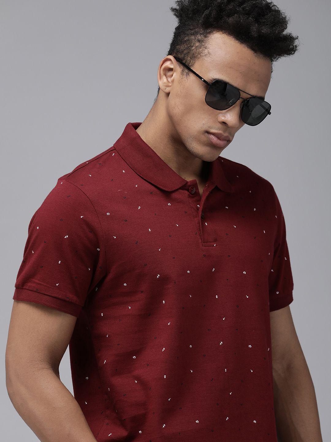roadster men maroon printed polo collar pure cotton t-shirt