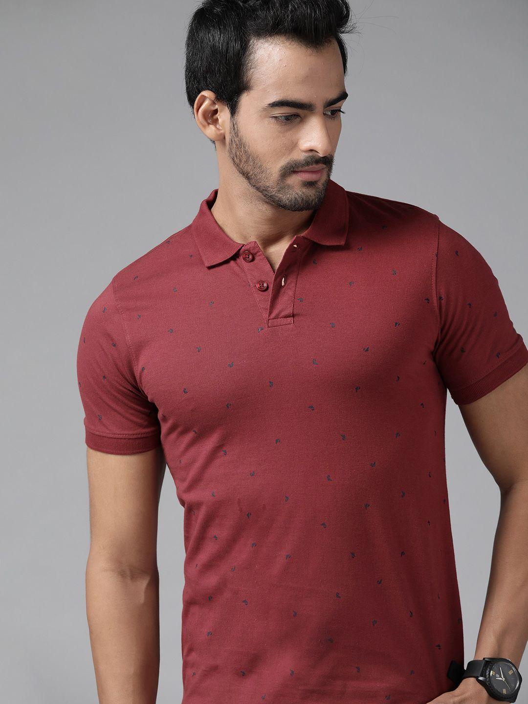 roadster men maroon printed pure cotton polo collar t-shirt