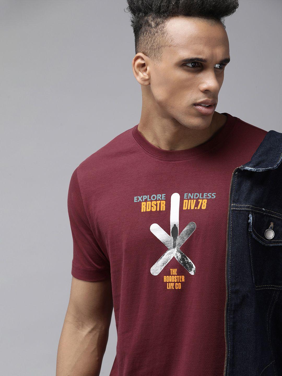 roadster men maroon printed pure cotton t-shirt