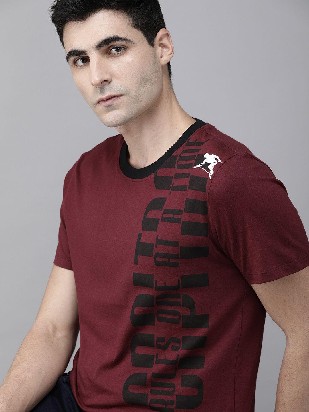 roadster men maroon printed round neck pure cotton t-shirt