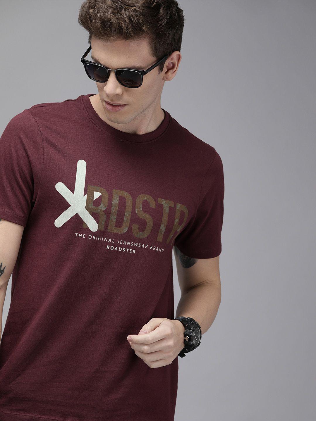 roadster men maroon printed round neck pure cotton t-shirt