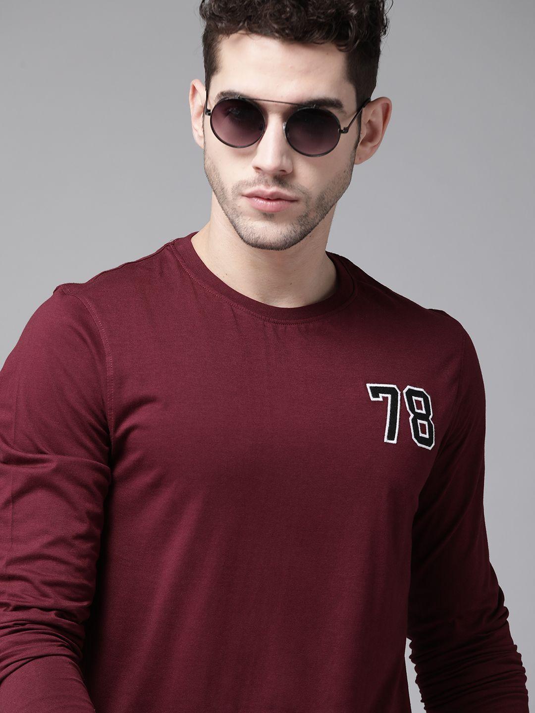 roadster men maroon pure cotton solid round neck t-shirt