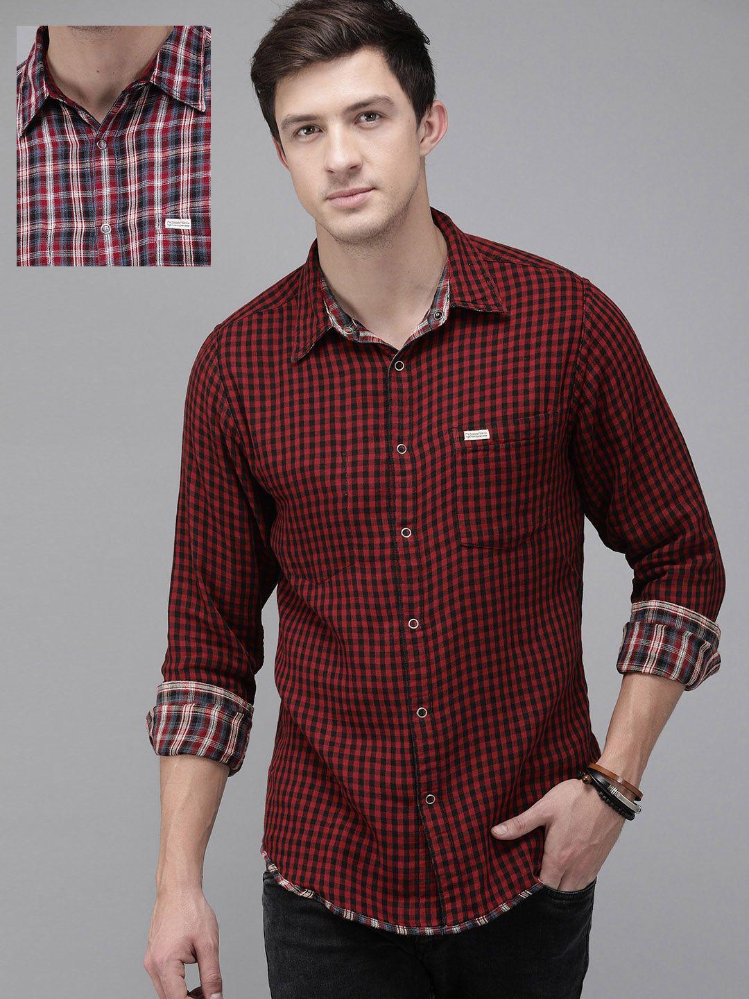 roadster men maroon regular fit checked casual reversible sustainable shirt