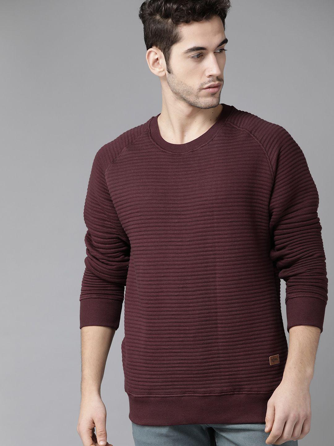 roadster men maroon self-striped sweatshirt