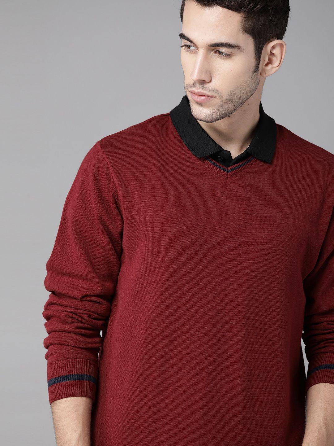 roadster men maroon solid pullover sweater