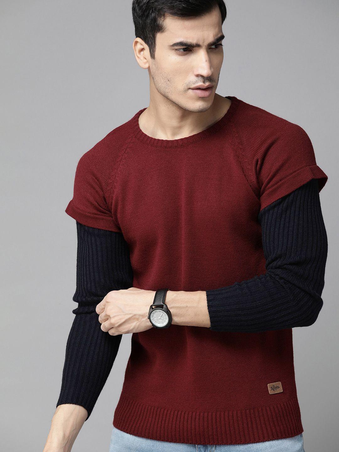 roadster men maroon solid pullover sweater