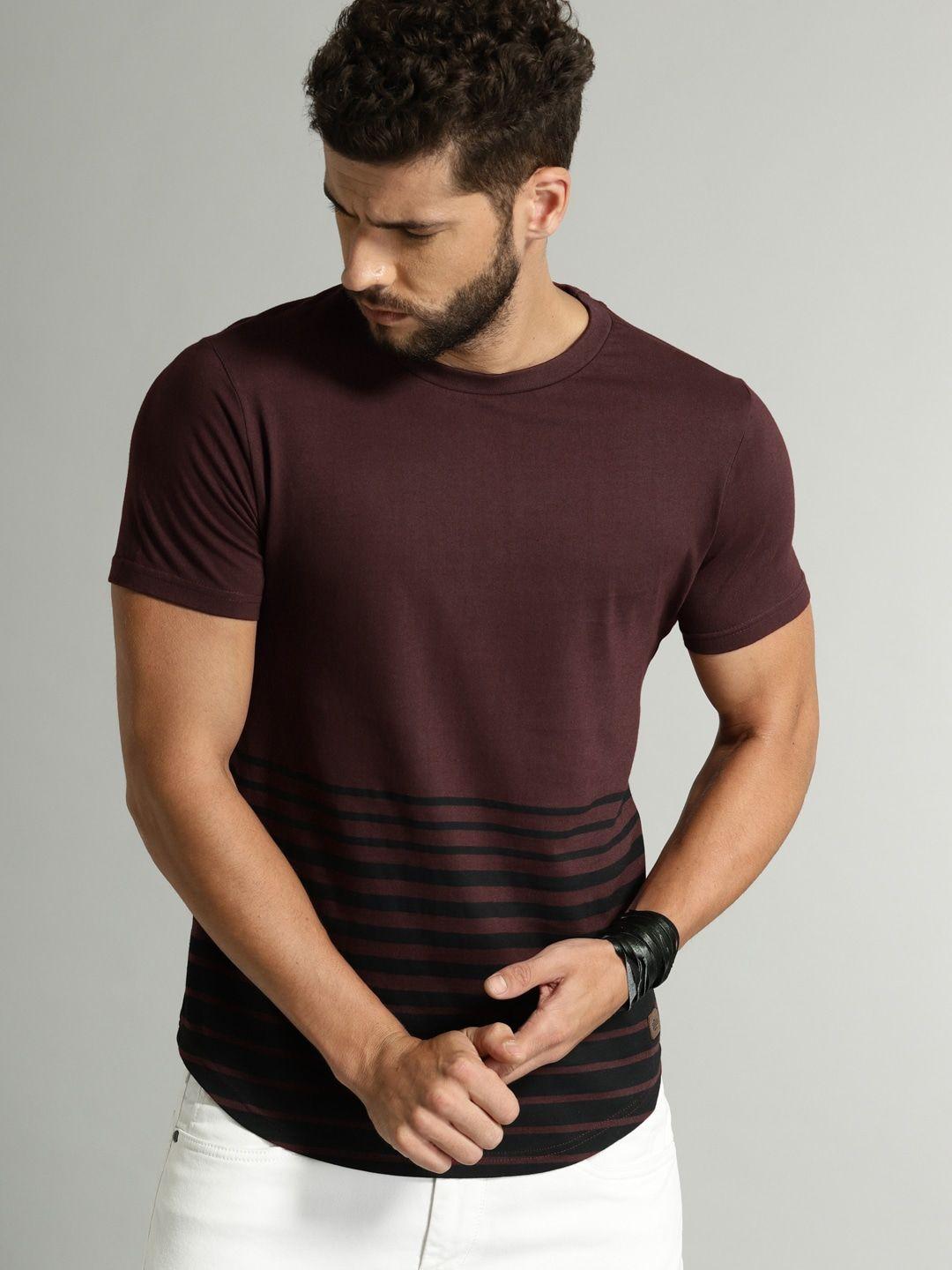 roadster men maroon striped round neck t-shirt