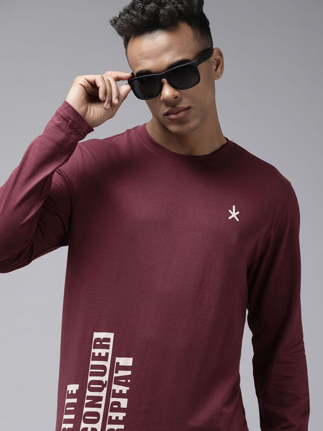 roadster men maroon typography printed pure cotton t-shirt