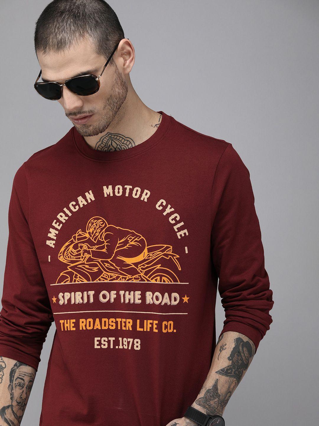 roadster men maroon typography printed pure cotton t-shirt