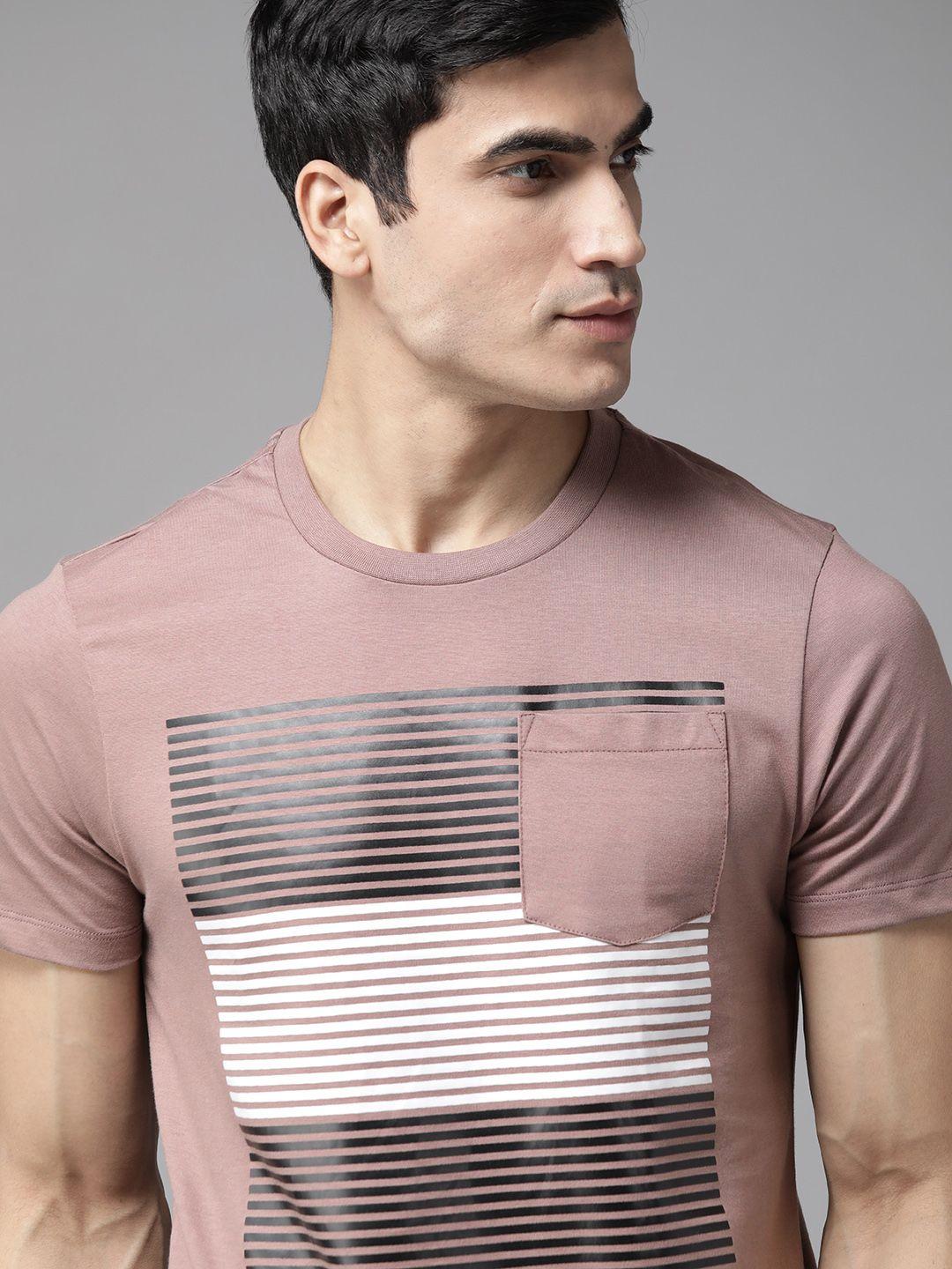 roadster men mauve & white pure cotton striped round neck t-shirt