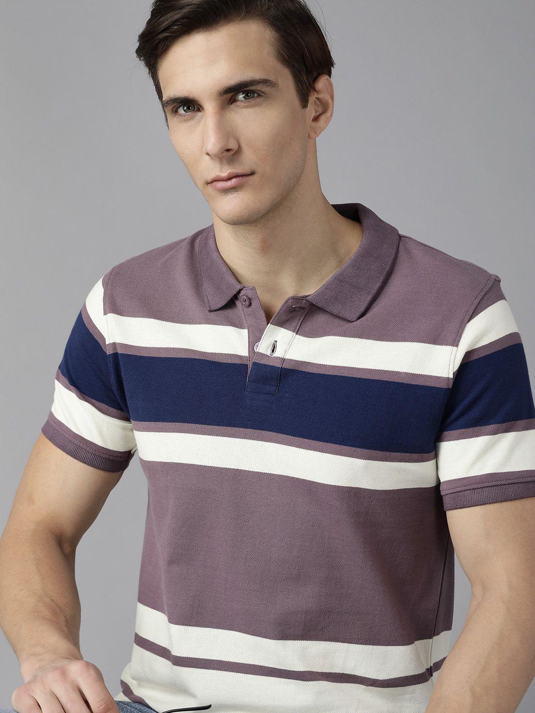 roadster men mauve & white striped polo collar pure cotton t-shirt