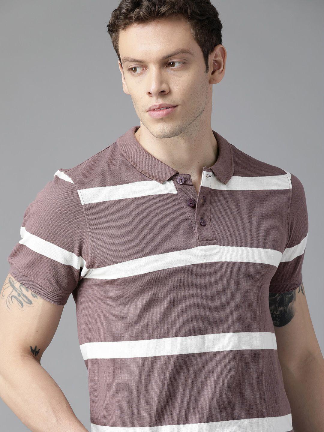 roadster men mauve & white striped polo collar pure cotton t-shirt