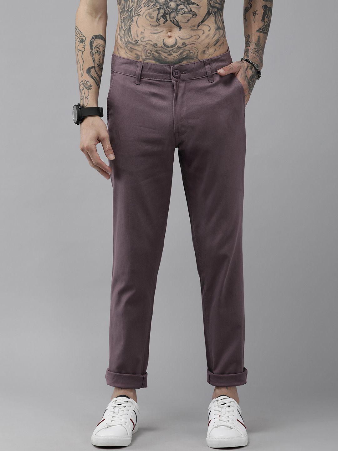 roadster men mauve mid-rise solid plain trousers