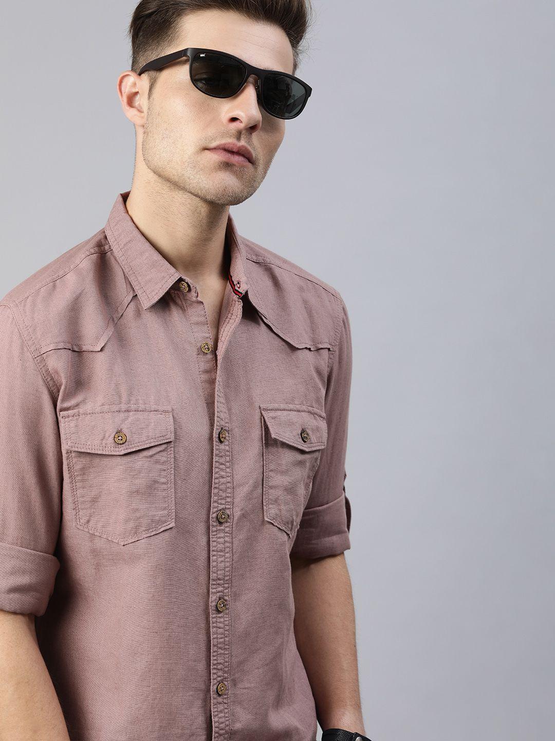 roadster men mauve regular fit solid casual linen shirt