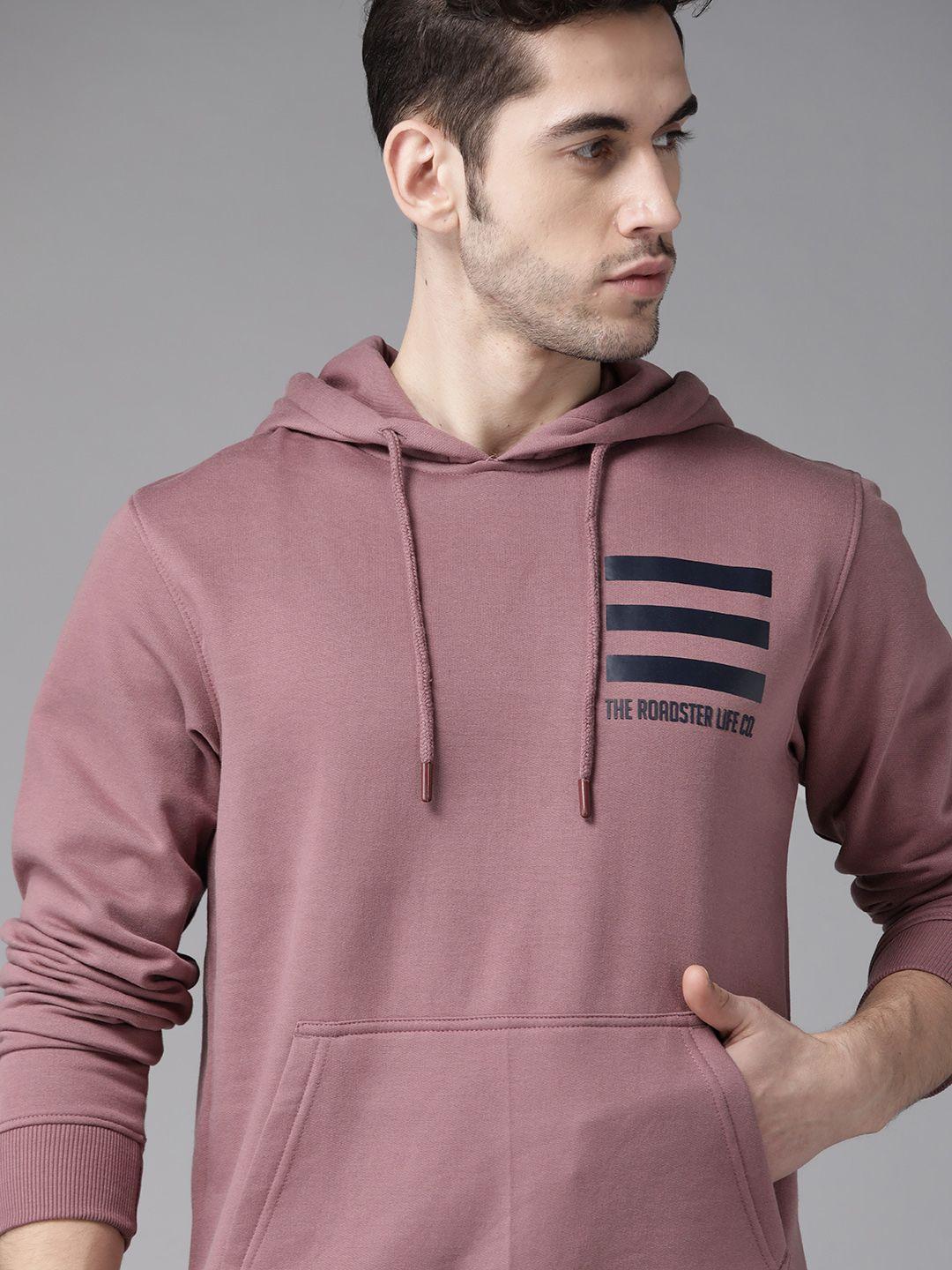 roadster men mauve solid hooded sweatshirt with printed detail