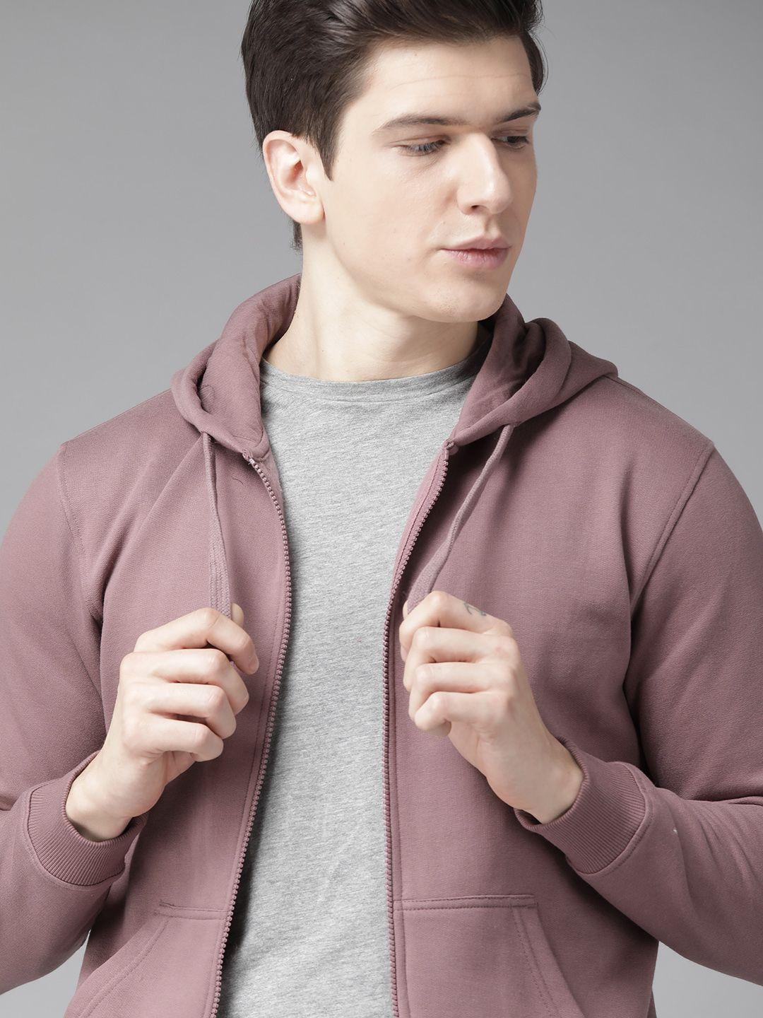 roadster men mauve solid hooded sweatshirt