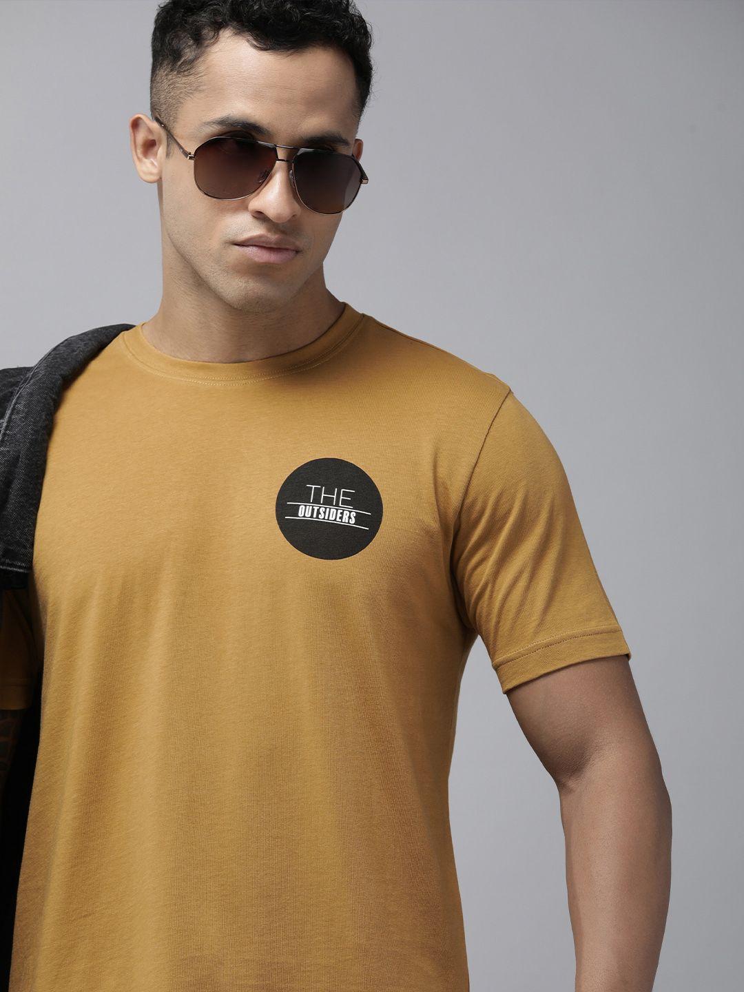 roadster men mustard brown brand logo printed pure cotton t-shirt