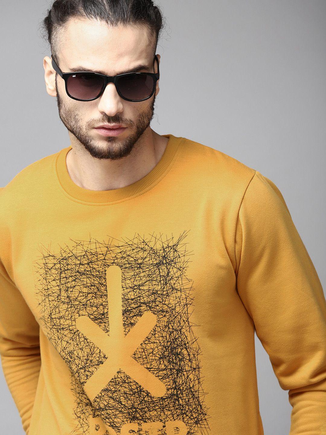 roadster men mustard yellow & black graphic printed sweatshirt