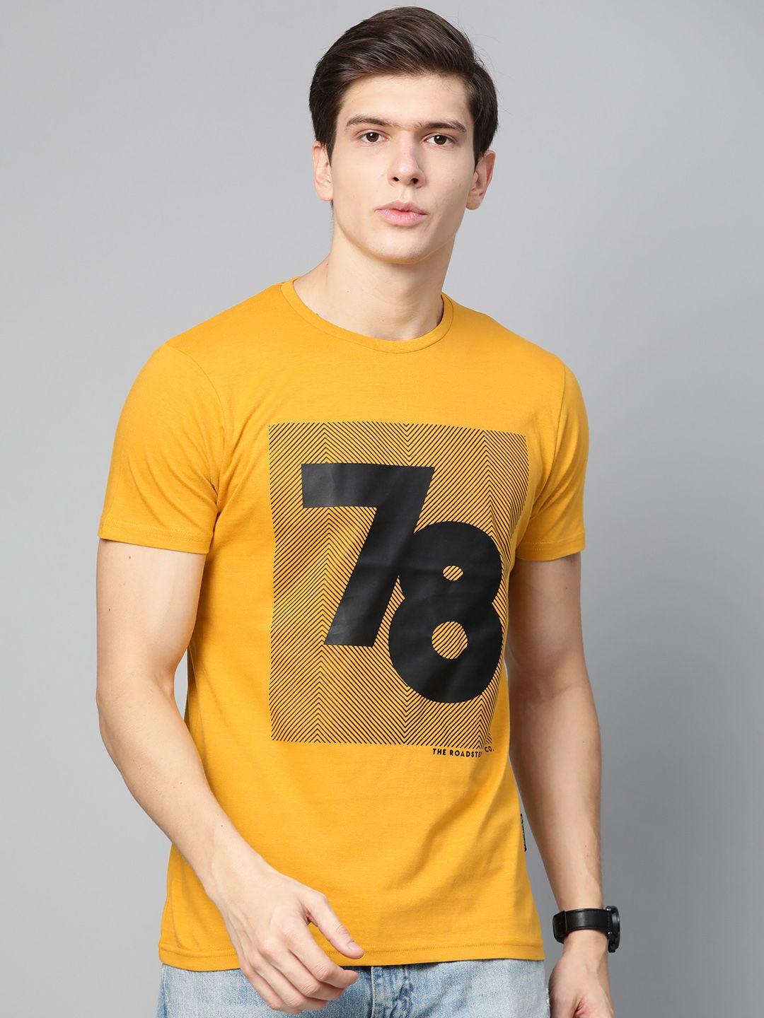 roadster men mustard yellow & black printed round neck t-shirt