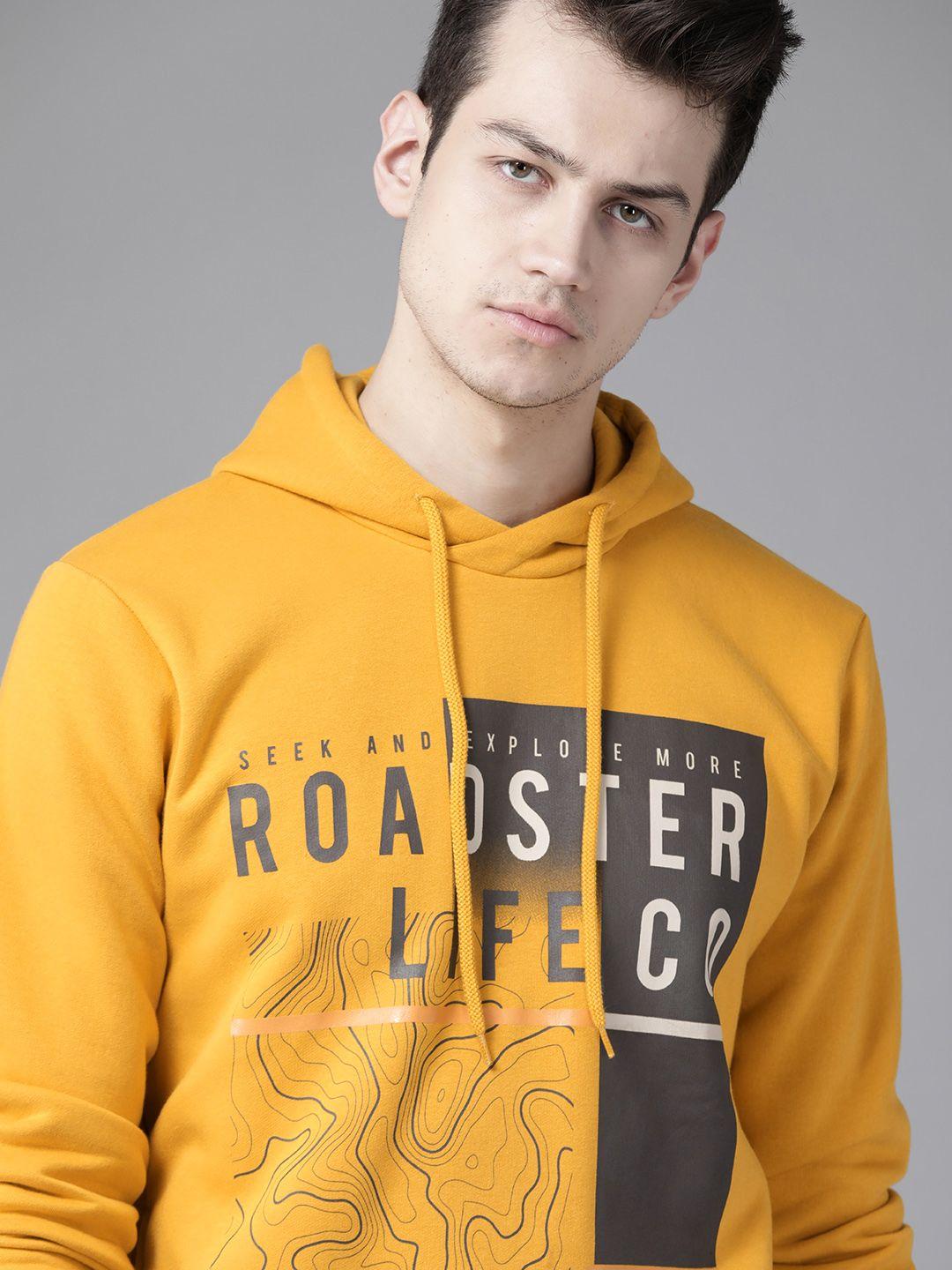roadster men mustard yellow & charcoal grey printed hooded sweatshirt