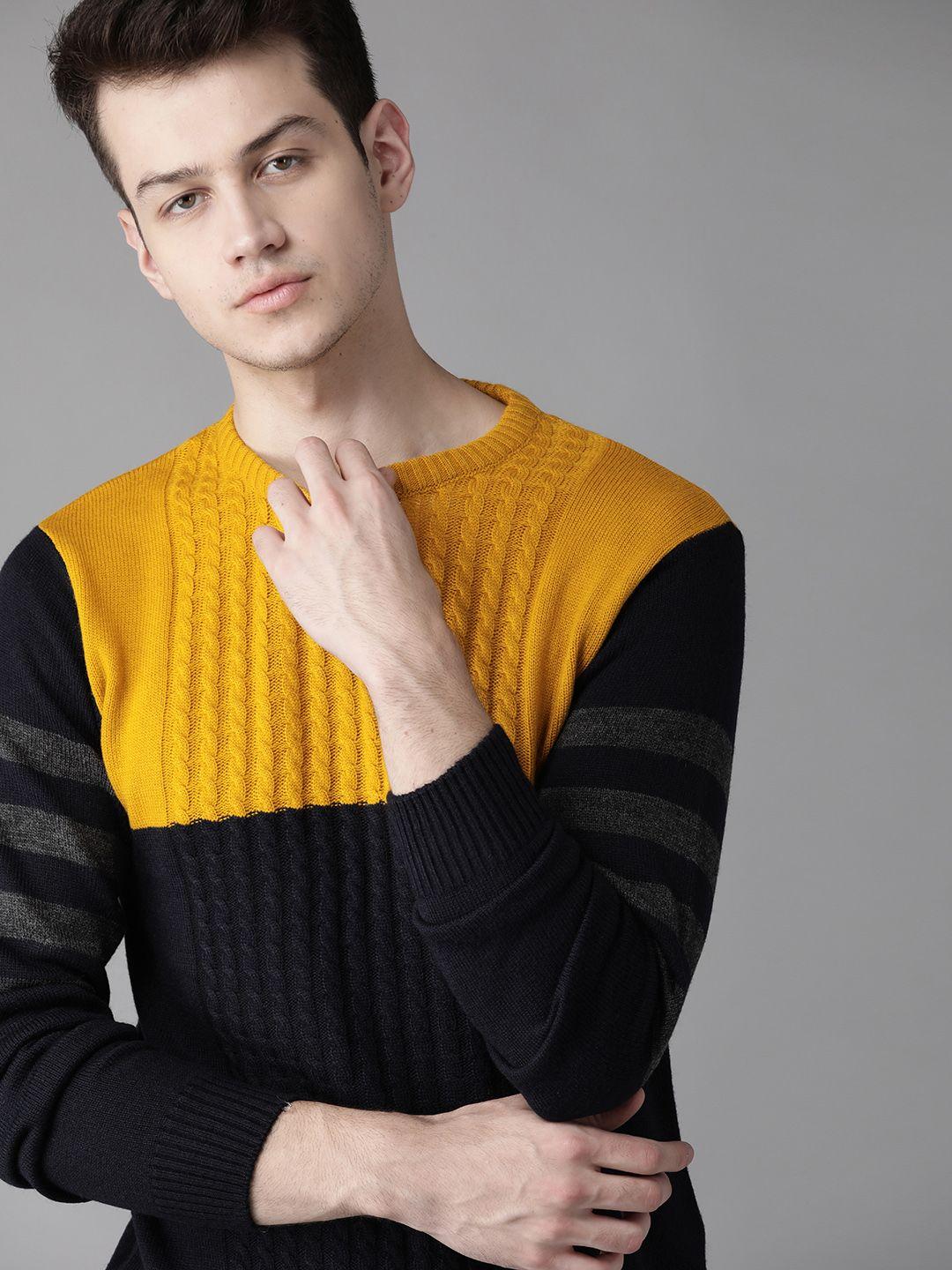 roadster men mustard yellow & navy blue colourblocked pullover sweater