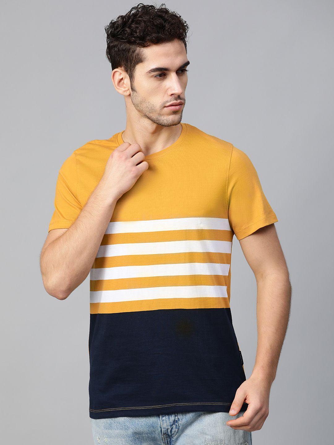 roadster men mustard yellow & navy blue striped round neck t-shirt