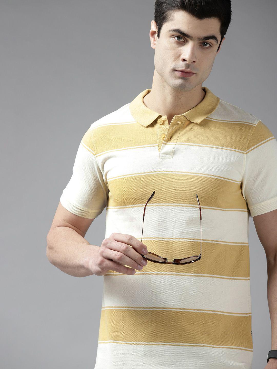 roadster men mustard yellow & off white pure cotton striped polo collar t-shirt