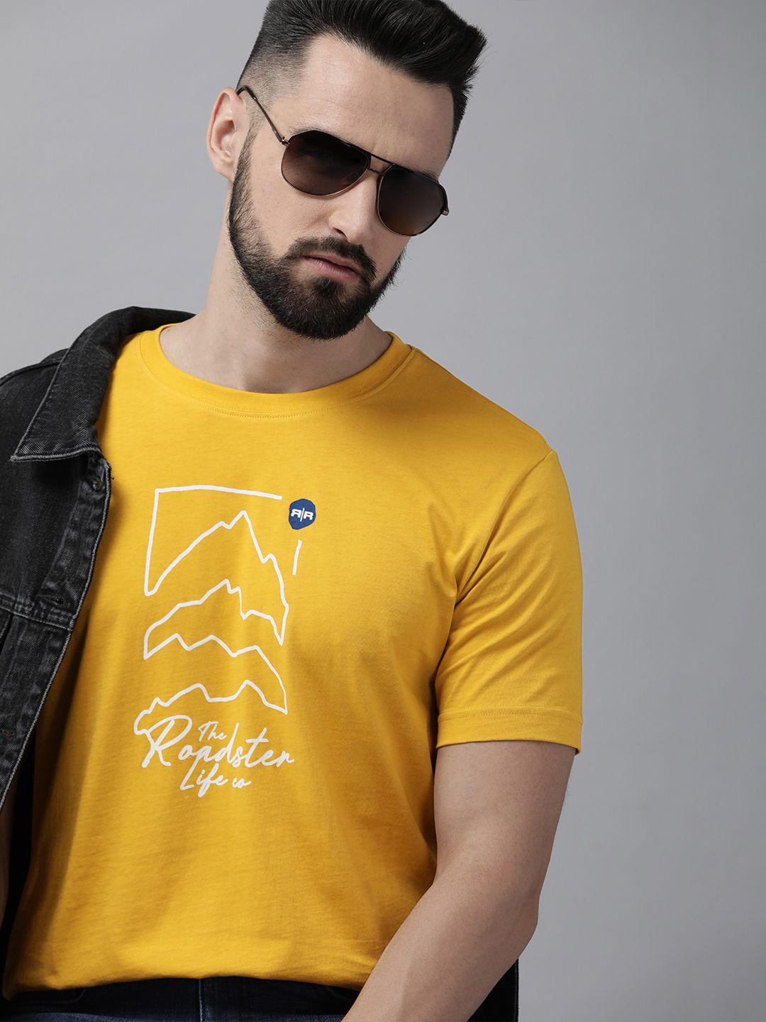 roadster men mustard yellow & white printed pure cotton t-shirt