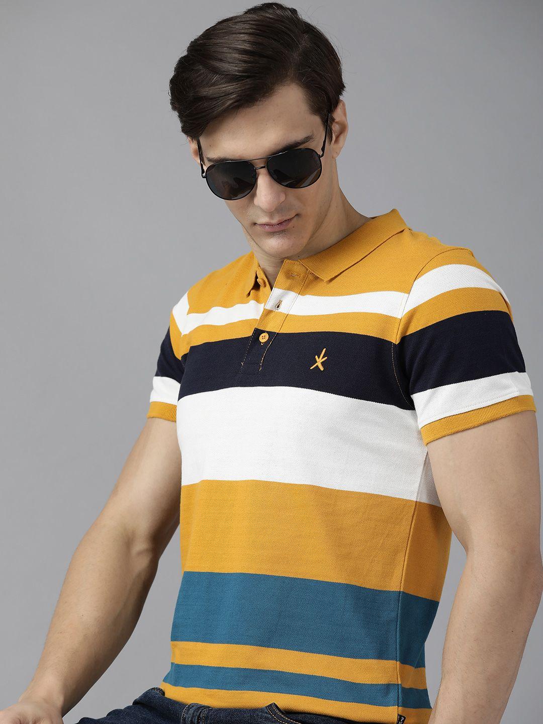 roadster men mustard yellow & white striped polo collar pure cotton t-shirt