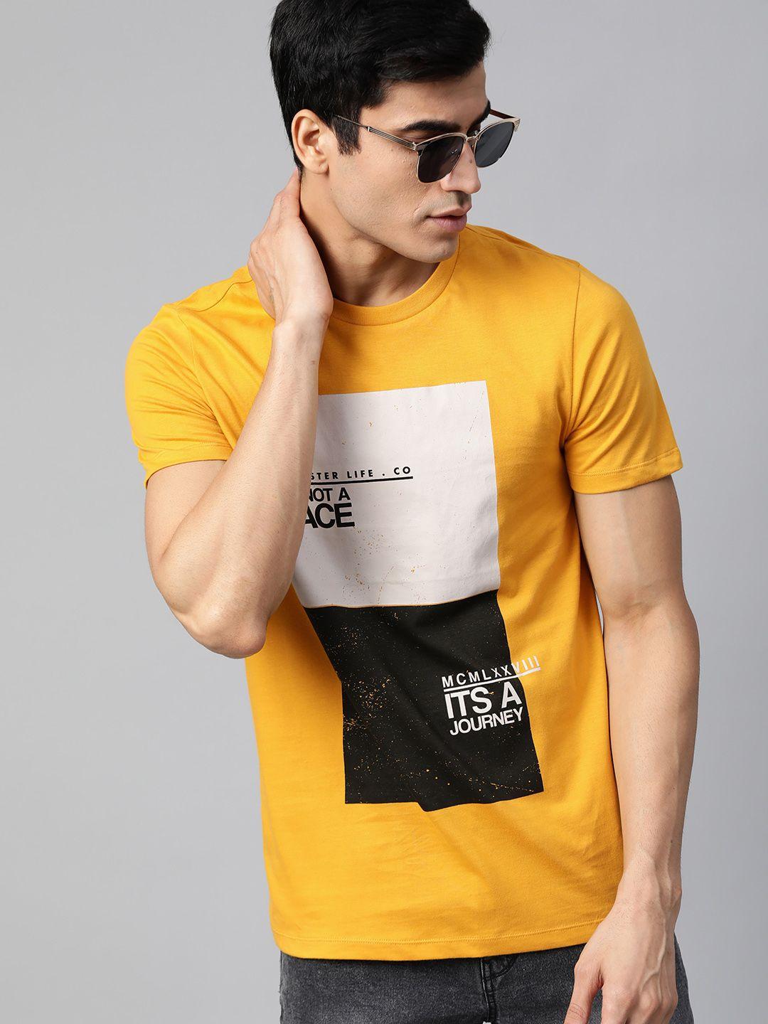 roadster men mustard yellow  beige printed round neck pure cotton t-shirt