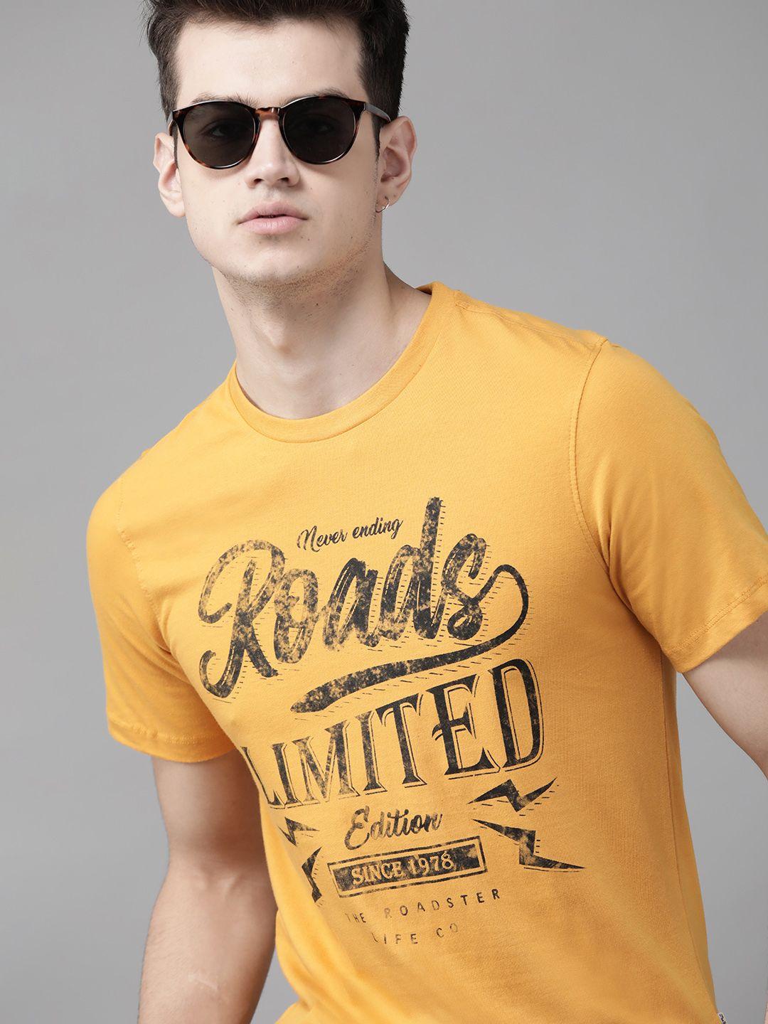 roadster men mustard yellow  black printed round neck pure cotton t-shirt