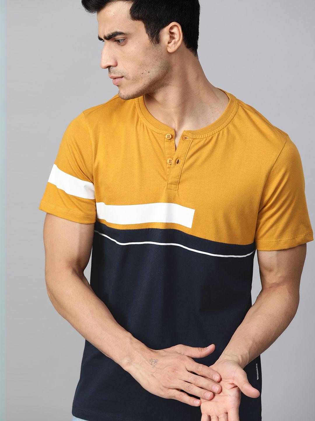 roadster men mustard yellow  navy blue colourblocked henley neck pure cotton t-shirt