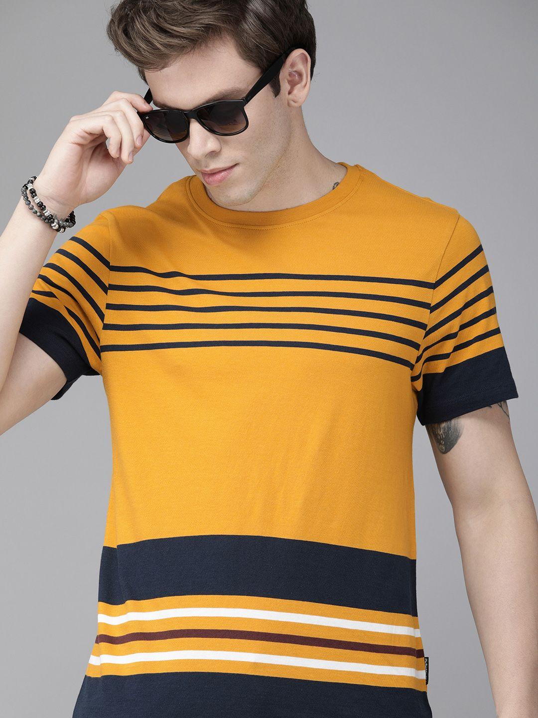 roadster men mustard yellow  navy blue striped round neck pure cotton t-shirt