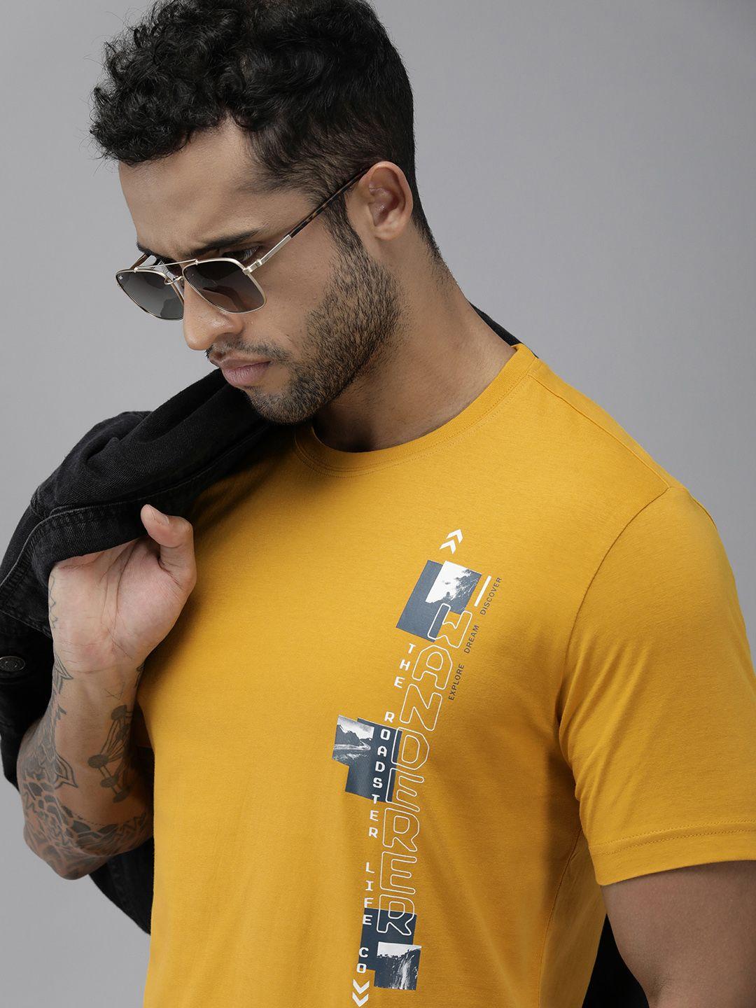 roadster men mustard yellow brand logo printed pure cotton t-shirt