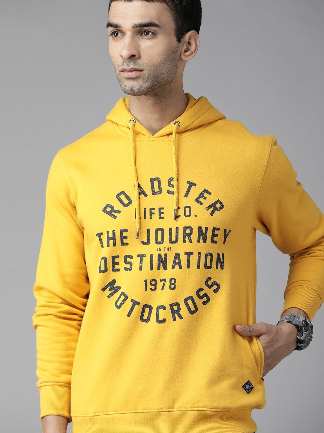 roadster men mustard yellow printed hooded sweatshirt