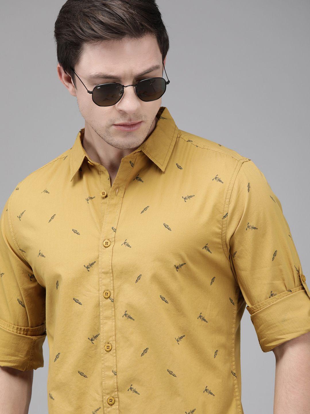 roadster men mustard yellow regular fit printed casual sustainable shirt