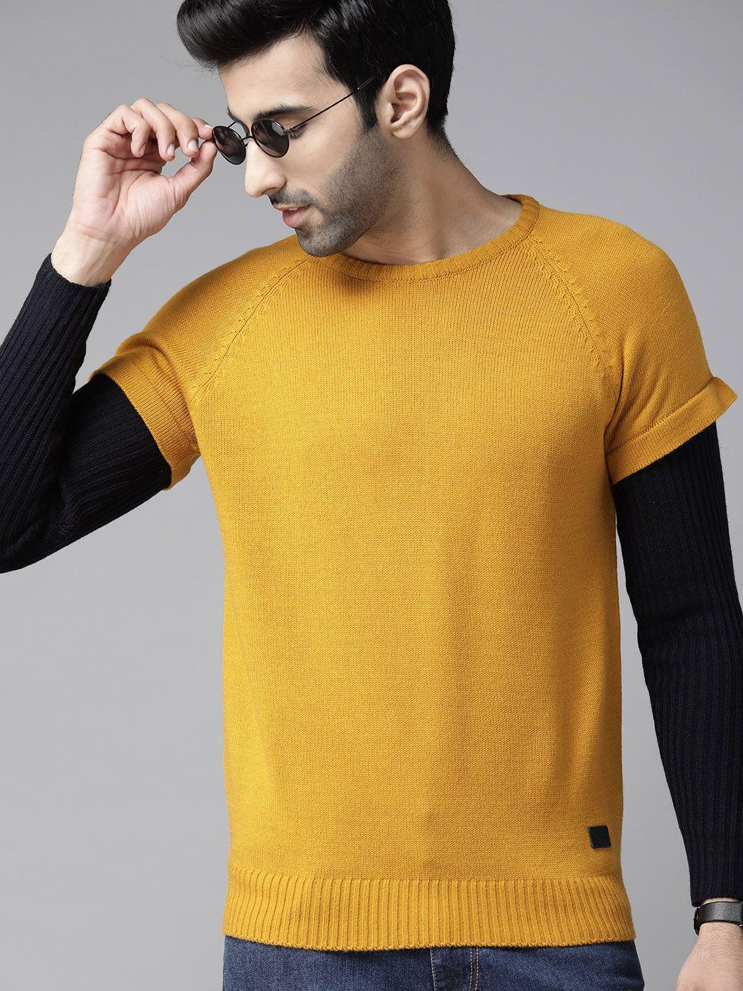 roadster men mustard yellow solid acrylic sweater