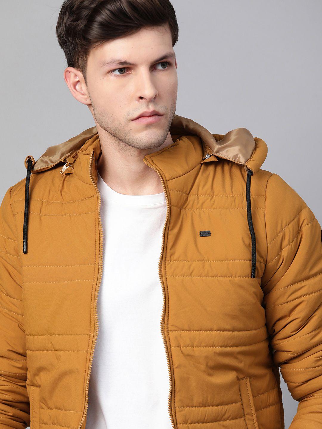 roadster men mustard yellow solid detachable hood padded jacket