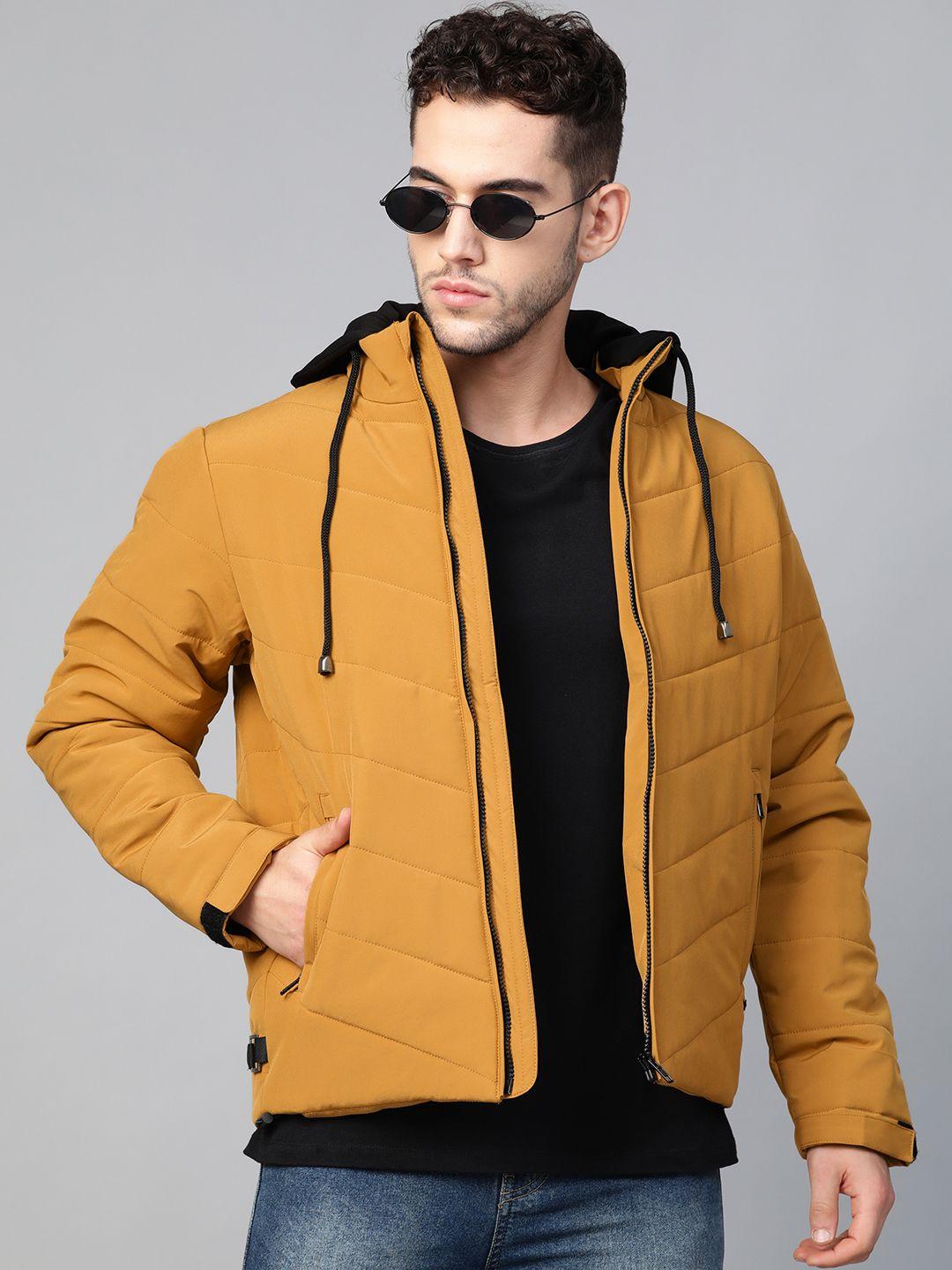 roadster men mustard yellow solid padded jacket with detachable hood