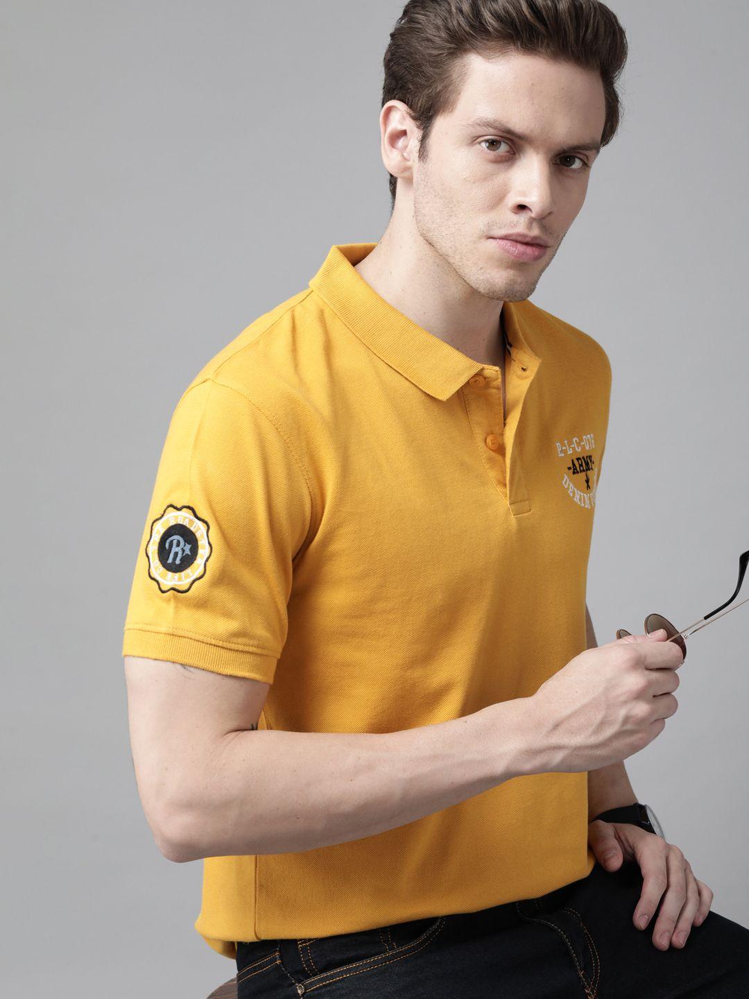 roadster men mustard yellow solid polo collar pure cotton t-shirt