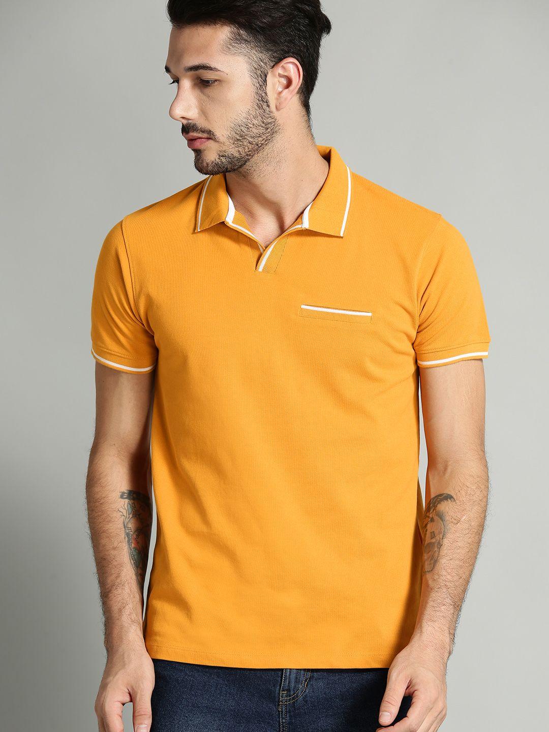 roadster men mustard yellow solid polo collar t-shirt